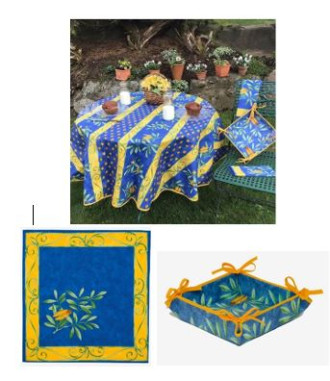 60" Rd Cigales Coated-Cotton Blue Tablecloth 4-Place 6-Pcs Ensemble Set of 1 Tablecloth, 4 Napkins, I Tidy Bread Basket 