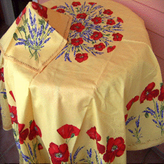 70" Round Tissus-Toselli Red Poppies & Lavender on Yellow Coated Cotton Tablecloth only for Seating 2-6 People..Order More Matching $6 Napkins & $15 Tidy Bread Basket on this Tablecloth Page! (