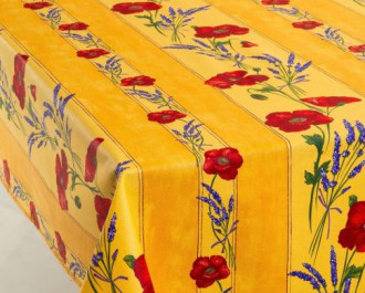 60" Square Tissus Toselli Red Poppies & Lavender on Yellow Stain-Proof Cotton Tablecloth – For Seating 2-4 persons...Includes 2 Free Napkins...Order More Matching $6 Napkins & $15 Tidy Bread Basket on this Tablecloth Page!