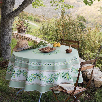70" Round Tissus-Toselli Ramatuelle Olives & Leaves Green Plain Cotton Tablecloth For 2-6 Person Seating...Order Matching $6 Napkins & $15 Tidy Bread Basket Displayed on this Tablecloth Page!