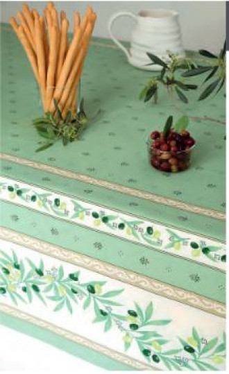 60" Square Tissus Toselli Ramatuelle Olives & Leaves on Green Plain Cotton Tablecloth For 2-4 Person Seating...Order Matching $6 Napkins & $15 Tidy Bread Basket Displayed on this Tablecloth Page!