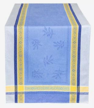 Jacquard Olives Sprigs On Blue & Yellow Table Runner 11-Pcs Ensemble Set Seats 4-8