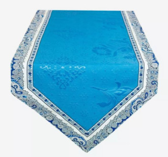 MARAT Bastide 60" x 20" Table Runner Blue & Blue Cadre Border with Delft Jacquard White Center Panel 