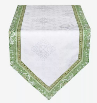 Bastide 60" x 20" Table Runner Green & White Cadre Border with White Delft Jacquard Center Panel