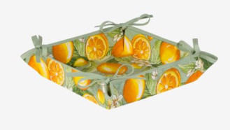 Tissus-Toselli Citron Lemons Yellow & Green 8" x 8" Square TIDY Fabric Bread Basket in Stain-Proof Coated Cotton with Corner Tie-Laces