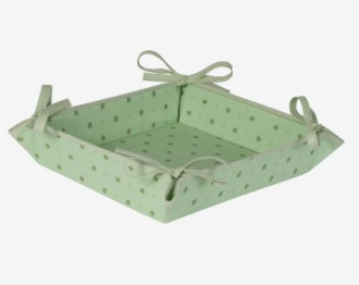 Tissus Toselli Allover Beige Calissons on Green 8" x 8" TIDY 4-Corner Tie-Up Stain-Proof Cotton Bread Basket 