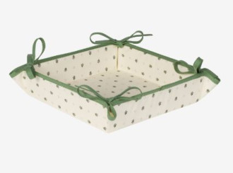 Tissus Toselli 8" x 8" Green Calissons Buds on White TIDY Fabric Bread Basket in Coated Cotton