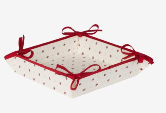 Toselli Allover Red Calissons on White 8" x 8" Square TIDY Fabric Bread Basket in Stain-Proof Cotton with Corner Tie-Laces