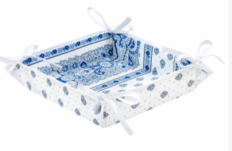 Marat Bastide Blue & White 8" x 8" Square TIDY Fabric Bread Basket in Coated Cotton with Corner Tie-Laces