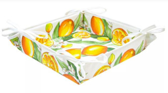 Tissus-Toselli Citron Lemons Yellow on White 8" x 8" Square TIDY Fabric Bread Basket in Stain-Proof Coated Cotton 