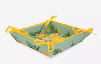 Tissus Toselli 8" x 8" Mimosa Citron Lemon Buds Yellow on Green TIDY Fabric Bread Basket 4-Corner Tie-Up in Coated Cotton