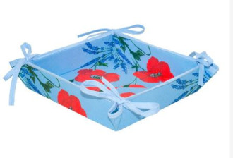 Tissus Toselli Red Poppies & Lavender on Light Blue 8" x 8" TIDY 4-Corner Tie-Up Stain-Proof Coated Cotton Bread Basket
