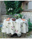 56" Square Tissus Toselli Pink Roses on Vine Organza Transparent Tablecloth with 70" Dia White Polester Undercloth Combination