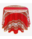 60" Round MARAT Avignon Red & Yellow Filigree on Red Coated Cotton Tablecloth For 2-4 Person Seating...Order Matching $6 Napkins & $15 Tidy Bread Basket Displayed on this Tablecloth Page!