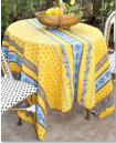 60" Rd 2-4 Place 6-Pcs Ensemble Set of 1-Yellow Blue Coated Stain-Proof Cotton Tablecloth 