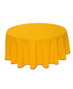 60" Round Tissus-Toselli Red Allover Floral Calissons Buds on Yellow Plain Cotton Tablecloth – Set Your Tabletop with a Sunny Red Wine Theme! 