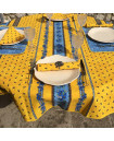 60" Round MARAT Tradition Blue Filigree on Yellow Plain Cotton Tablecloth