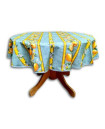 60" Round Tissus Toselli Citron Lemons on Green Stain-Proof Cotton Tablecloth For 2-4 Person Seating...Order Matching $6 Napkins & $15 Tidy Bread Basket Displayed on this Tablecloth Page!
