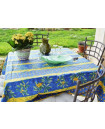 60" Square Tissus-Toselli Cigale Locusts on Blue Plain Cotton Tablecloth For 2-4 Person Seating...Order Matching $6 Napkins & $15 Tidy Bread Basket Displayed on this Tablecloth Page! (