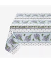 60" Square Tissus Toselli Lavender Sprigs & Olives on Branches on Lavender & White Design in Coated Cotton Tablecloth