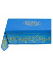 60" Square Tissus Toselli Olives on Branches on Blue Design in Plain Cotton Tablecloth 