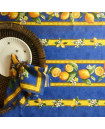 60" Square Tissus Toselli Citron Lemons & Leaves on Blue Stain-Proof Cotton Tablecloth – For Seating 2-4 persons...Includes 2 Free Napkins...Order More Matching $6 Napkins & $15 Tidy Bread Basket on this Tablecloth Page!