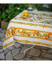 60" Square Tissus Toselli Citron Lemons & Leaves on White Stain-Proof Cotton Tablecloth –For 2-4 Person Seating...Order Matching $6 Napkins & $15 Tidy Bread Basket Displayed on this Tablecloth Page! 