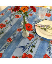 60" Square Tissus Toselli Red Poppies & Lavender on Light Blue Plain Cotton Tablecloth For 2-4 Person Seating...Order Matching $6 Napkins & $15 Tidy Bread Basket Displayed on this Tablecloth Page!