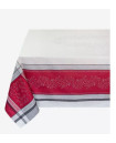 64" Square Tissus Toselli Jacquard Woven Olivia Gray & Red Bordered Tablecloth in Stain-Proof Cotton 