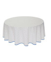 60" Round Tissus-Toselli Blue Allover Floral Calissons Buds on White Plain Cotton Tablecloth For 2-4 Person Seating