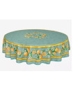 70" Round Tissus-Toselli Citron Lemons & Leaves on Green Plain Cotton Tablecloth for Seating 2-6 People...Includes 4 Free Napkins...Order More Matching $6 Napkins & $15 Tidy Bread Basket on this Tablecloth Page!