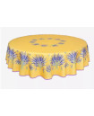 70" Round Tissus-Toselli Lavender Flowers on Yellow Coated Cotton Tablecloth for 2-6 Person Seating