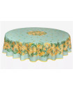 70" Round Tissus Toselli Mimosa Yellow Small Flowers on Green Plain Cotton Tablecloth For 2-6 Person Seating...Order Matching $6 Napkins & $15 Tidy Bread Basket Displayed on this Tablecloth Page!