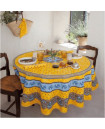 70" Rd 2-6 Place 8-Pcs Ensemble Set Includes 1-Tradition Blue Filigree on Yellow Plain Cotton Tablecloth +6 Matching Napkins +1 Tidy Fabric Bread Basket 