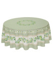 70" Round Tissus-Toselli Ramatuelle Olives & Leaves in Green on White Stain-Proof Cotton Tablecloth for 2-6 Person Seating