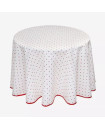 Tissus Toselli 60" Rd  Red Buds on White Tablecloth 2-4 Place 6-Pcs Red Floral Calissons Buds on White Ensemble Set in Plain Cotton 4-Place Settings 6-Pcs Set | 1 Tablecloth, 4 Napkins, 1 Tidy Bread Basket – Enjoy French Bistro Dining!