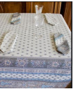  60" Sq Turquoise & Grey Filigree Banner on White Stain-Proof Cotton Tablecloth