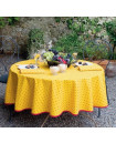 Tissus Toselli 60" Rd Tablecloth 2-4 Place 6-Pcs Red Floral Calissons Buds on Yellow Ensemble Set in Plain Cotton 4-Place Settings 6-Pcs Set | 1 Tablecloth, 4 Napkins, 1 Tidy Bread Basket – Enjoy French Bistro Dining!
