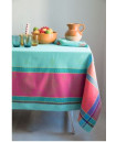  64" Square Tissus Toselli Jacquard Cassis Turquoise & Red Bordered Stain-Proof Tablecloth 2-4 Place 6-Pcs Ensemble Set – Embrace the Cassis Multi-Colors Coastal Provence Look! 