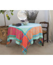 64" Sq 2-4 Place 6-Pcs Ensemble Set of 1-Cassis Red & Turquoise Stain-Proof Jacquard Tablecloth +4 Matching Napkins +1 Tidy Fabric Bread Basket 