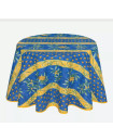 60" Round Tissus Toselli Cigale on Blue Banner Pattern Stain-Proof Cotton Tablecloth – For 2-4 Person Seating...Order Matching $6 Napkins & $15 Tidy Bread Basket Displayed on this Tablecloth Page!