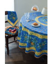70" Round Tissus-Toselli Cigale Locusts Provence Tablecloth on Variegated-Blue in Stain-Proof Cotton for 2-6 Person Seating...Order Matching $6 Napkins & $15 Tidy Bread Basket Displayed on this Tablecloth Page!