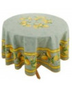 70" Round Tissus-Toselli Citron Lemons & Leaves on Green Plain Cotton Tablecloth for Seating 2-6 People...Includes 4 Free Napkins...Order More Matching $6 Napkins & $15 Tidy Bread Basket on this Tablecloth Page!