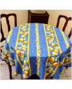  60" Round Tissus Toselli Citron Lemons on Blue Stain-Proof Cotton Tablecloth –For 2-4 Person Seating...Order Matching $6 Napkins & $15 Tidy Bread Basket Displayed on this Tablecloth Page! 
