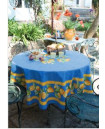 70" Round Tissus Toselli Citron Lemons & Leaves on Blue Plain Cotton Tablecloth for 2-6 Person Seating...Order Matching $6 Napkins & $15 Tidy Bread Basket Displayed on this Tablecloth Page! (