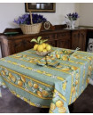 60" Square Tissus-Toselli Citron Lemons & Leaves on Green Stain-Proof Cotton Tablecloth – For Seating 2-4 persons...Includes 2 Free Napkins...Order More Matching $6 Napkins & $15 Tidy Bread Basket on this Tablecloth Page!