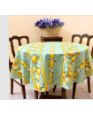 60" Round Tissus Toselli Citron Lemons on Green Stain-Proof Cotton Tablecloth For 2-4 Person Seating...Order Matching $6 Napkins & $15 Tidy Bread Basket Displayed on this Tablecloth Page!