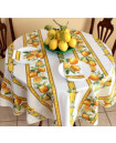 60" Round Tissus Toselli Citron Lemons on White Stain-Proof Cotton Tablecloth – For 2-4 Person Seating...Order Matching $6 Napkins & $15 Tidy Bread Basket Displayed on this Tablecloth Page!