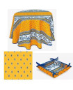 60" Rd MARAT Avignon Blue Filigree Banner on Yellow Stain-Proof Tablecloth 4-Place 6-Pcs Ensemble Set of 1 Tablecloth, 4 Napkins, I Tidy Bread Basket