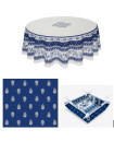 70" Rd 2-6 Place 8-Pcs Ensemble Set Includes 1-Avignon Blue on White Wipeable Coated Tablecloth 